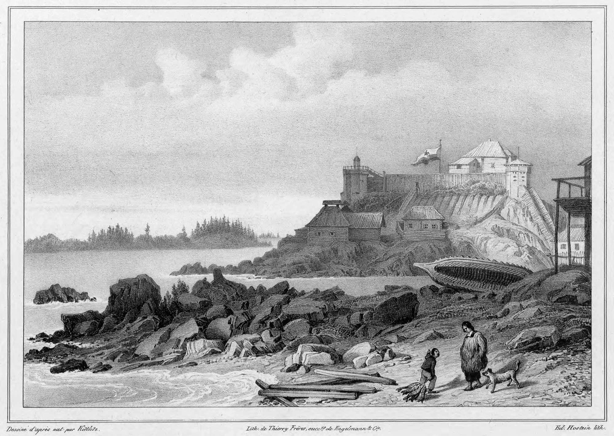 A black-and-white illustration of a fortified hilltop residence above a shoreline, with buildings and people below.