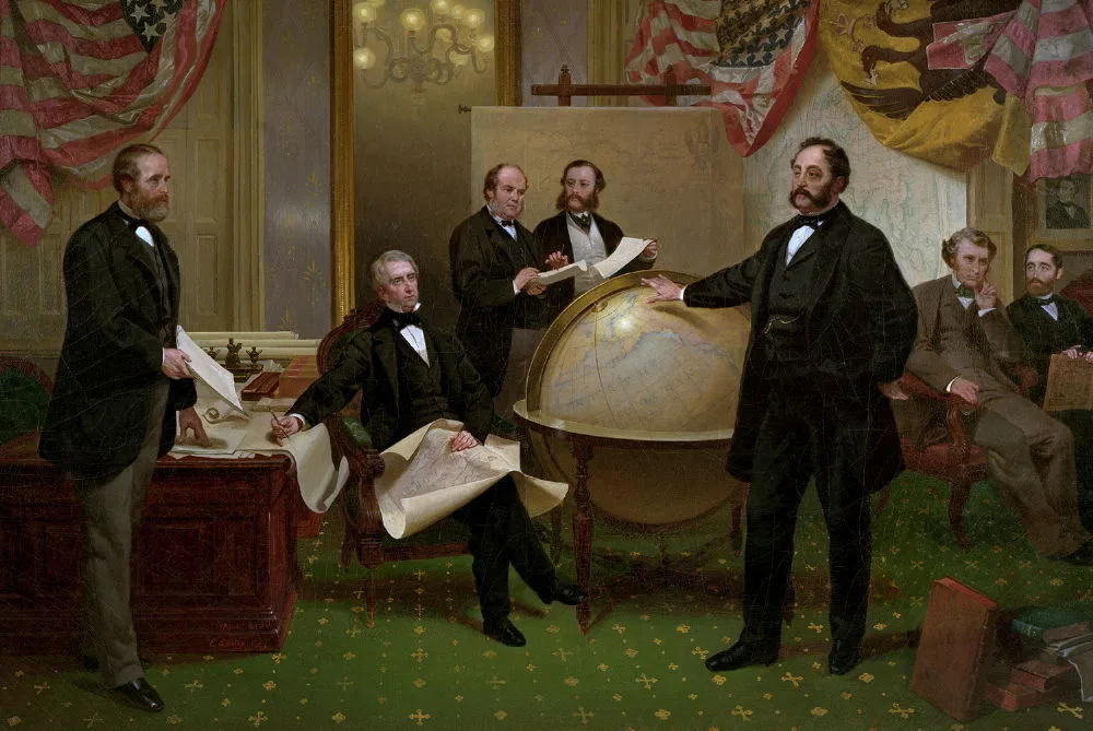 An oil painting of men in dark coats gathered around a table with a globe and papers in an ornate room.