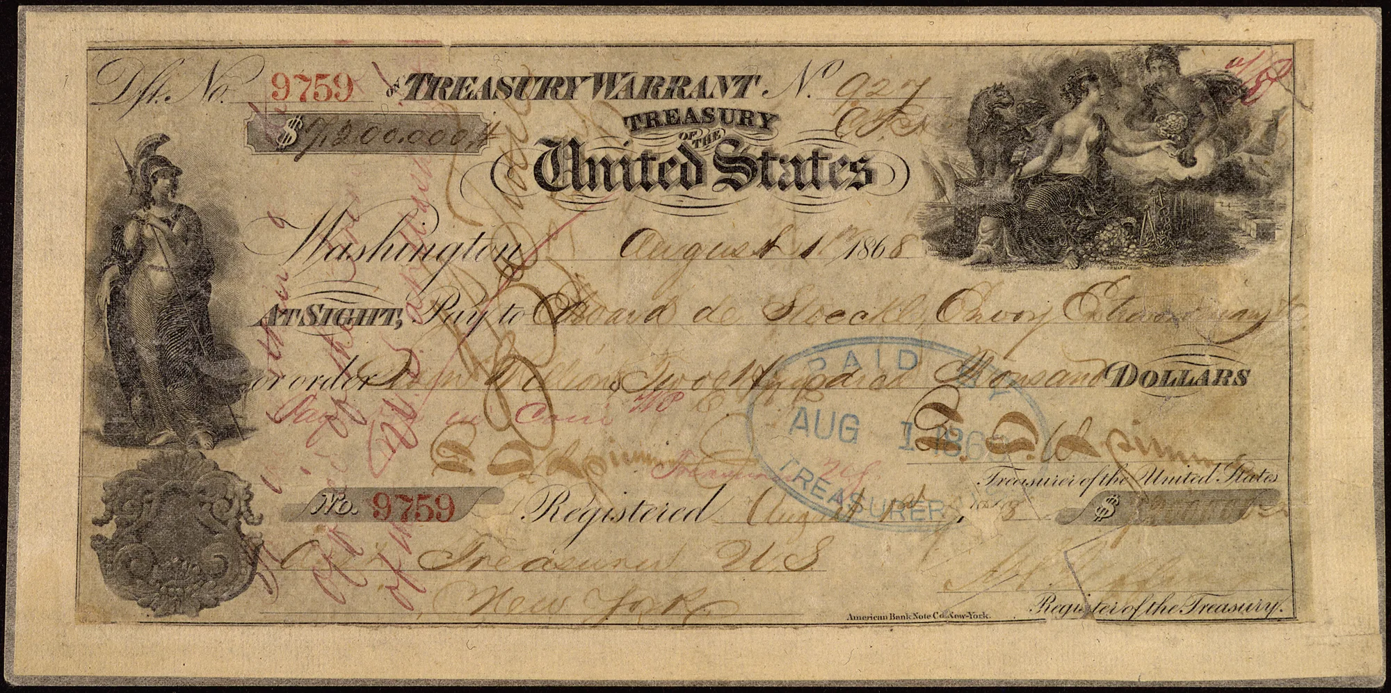 An engraved United States Treasury warrant dated August 1, 1868, payable to Edward de Stoeckl for $7,200,000, with handwriting and a blue PAID stamp.