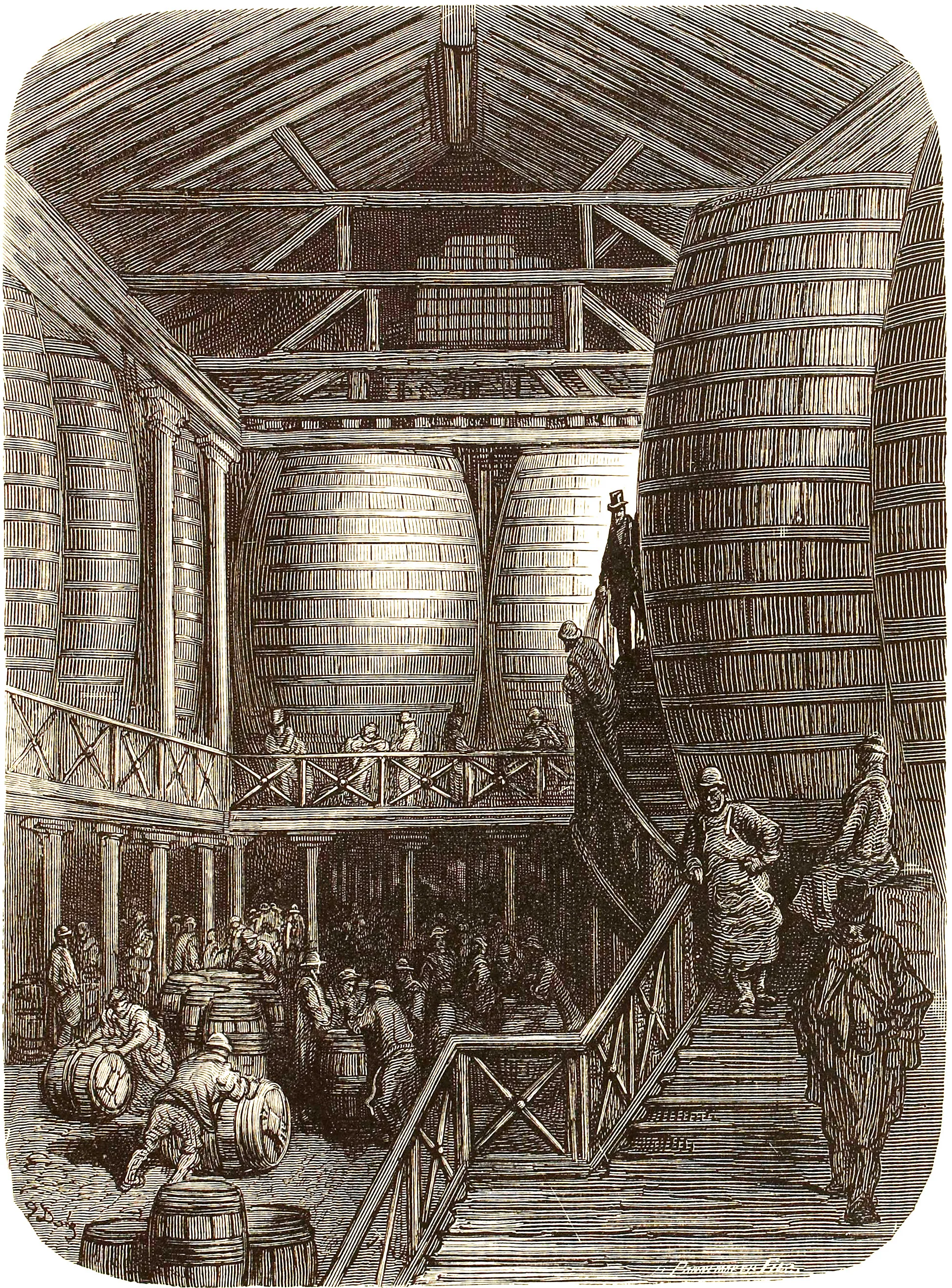 An engraving of tall wooden brewing vats in a large storehouse, with workers, stairs and beams beneath a timber roof.
