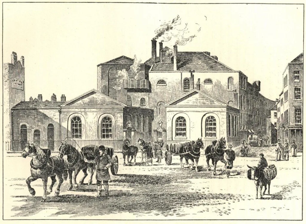 An old engraving of a large brick brewery complex beside a London street, with carts and figures in the foreground.