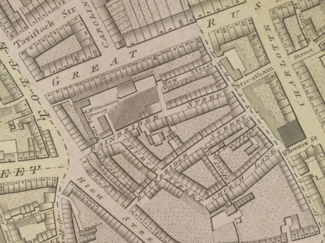 A detail of an eighteenth-century street map showing the Horse Shoe Brewery's buildings on Bainbridge Street, hemmed in by small houses and courts.