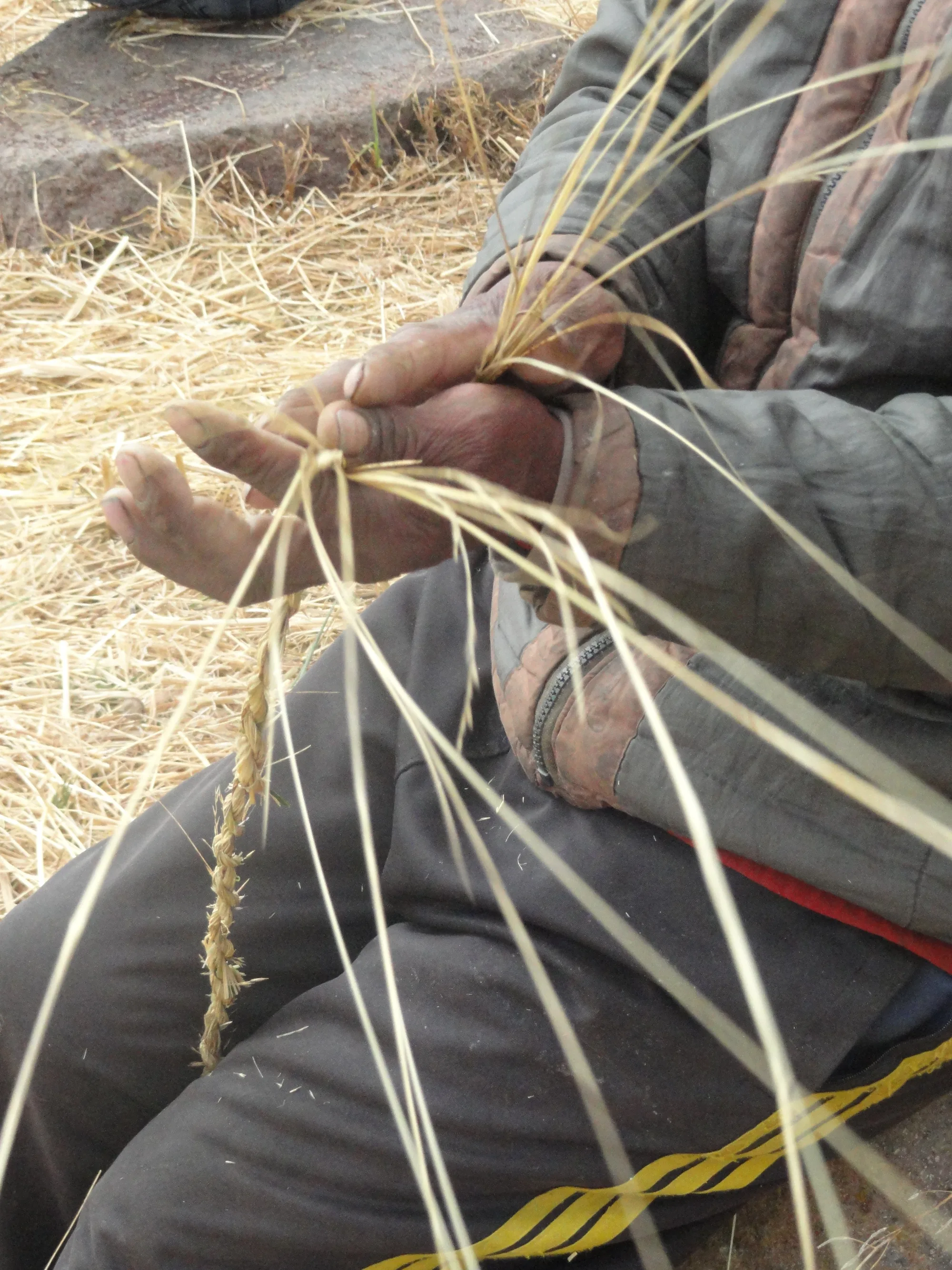 Close-up of weathered hands twisting long stalks of dry grass into a thin braided cord, with loose straw on the ground behind.