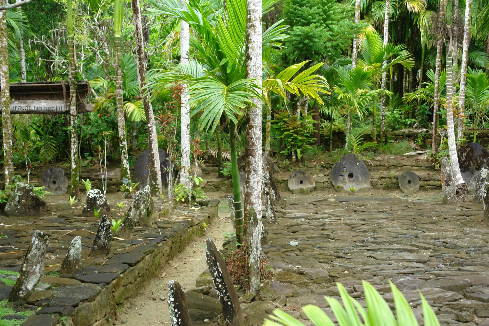 A stone-paved village path under palm trees, lined on both sides by large grey stone discs with holes in their centres, some standing upright in rows.