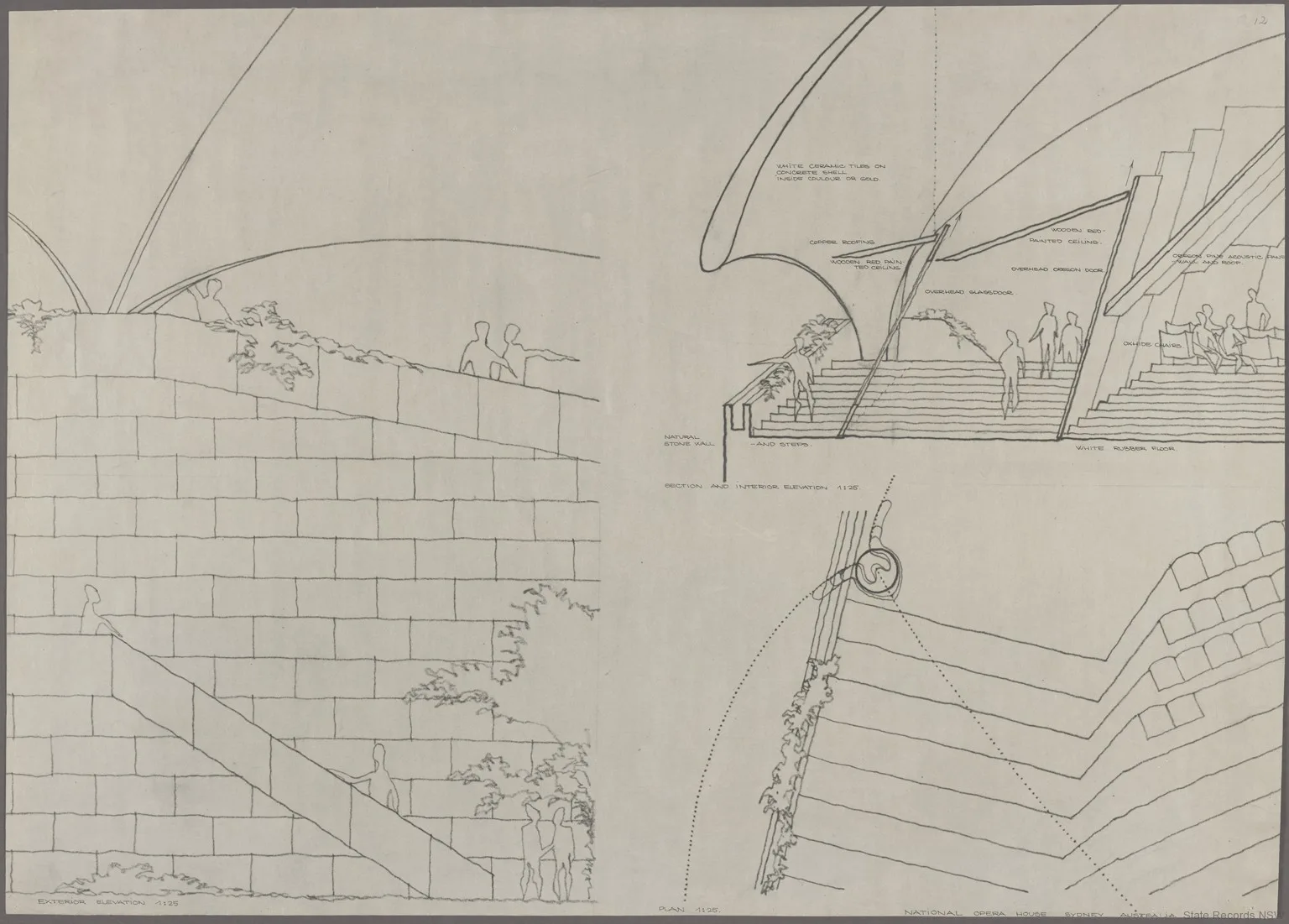 An architectural drawing shows a stepped wall with small human figures, curved roof outlines, stairs and part of a seating plan.